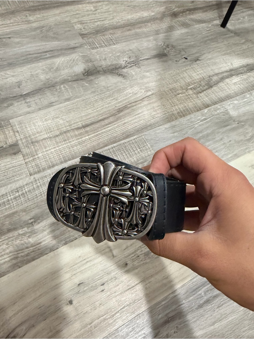 Chrome Hearts Black Leather Belt with Silver Cross Buckle